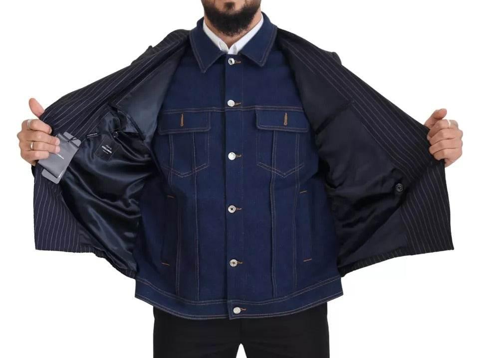 Dolce & Gabbana Blue Striped Double Breasted Denim Blazer - Hilstor