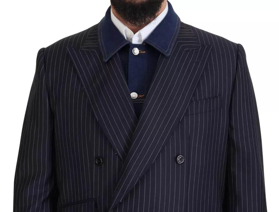 Dolce & Gabbana Blue Striped Double Breasted Denim Blazer - Hilstor