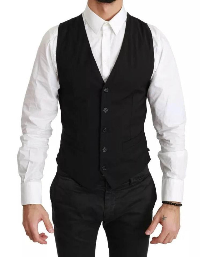 Dolce & Gabbana Black Solid STAFF Slim Fit Waistcoat Vest - Hilstor