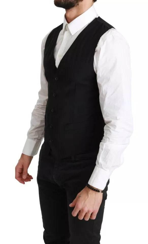 Dolce & Gabbana Black Solid STAFF Slim Fit Waistcoat Vest - Hilstor
