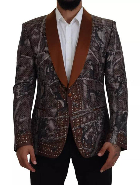 Dolce & Gabbana Bronze Monkey Print Silk Slim Jacket Blazer - Hilstor