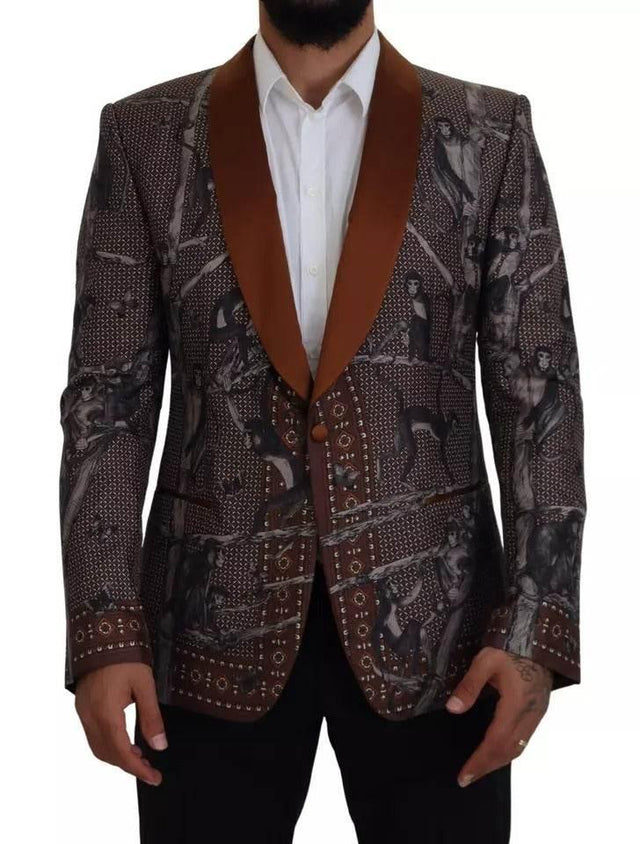 Dolce & Gabbana Bronze Monkey Print Silk Slim Jacket Blazer - Hilstor