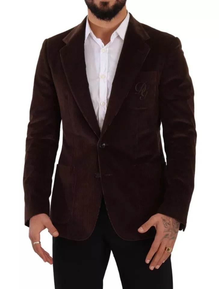 Dolce & Gabbana Brown Corduroy Slim Fit Coat DG Logo Blazer - Hilstor