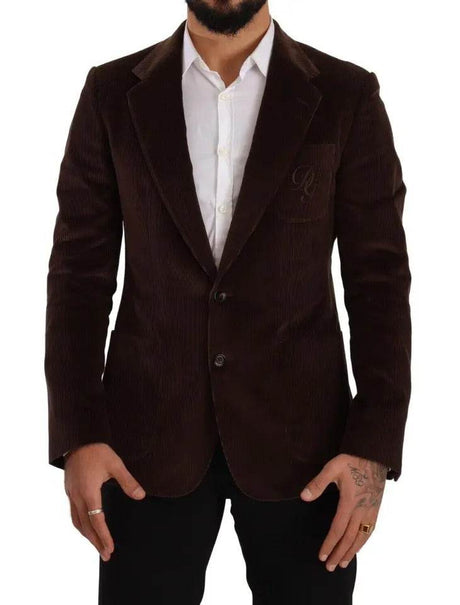 Dolce & Gabbana Brown Corduroy Slim Fit Coat DG Logo Blazer - Hilstor