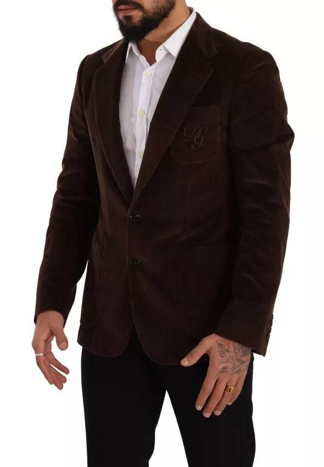 Dolce & Gabbana Brown Corduroy Slim Fit Coat DG Logo Blazer - Hilstor