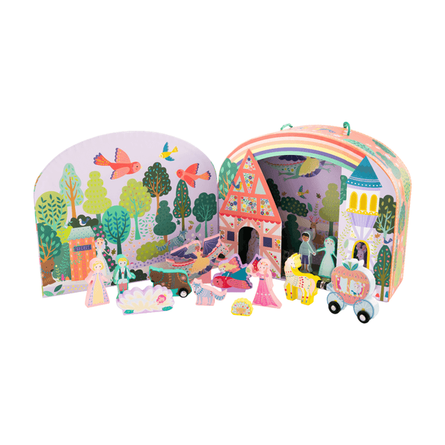 Fairy Tale Playbox with Wooden Pieces – Portable Imaginative Playset for Kids, Ages 3+ - Hilstor