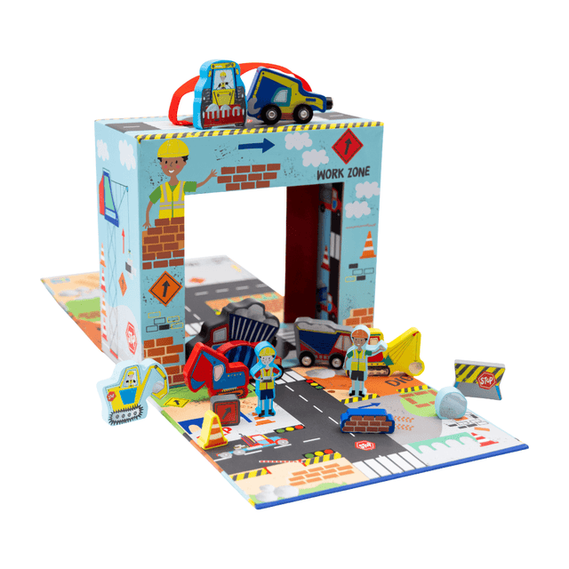 Construction Playbox with Wooden Pieces – Portable Building Site for Kids, Ages 3+ - Hilstor