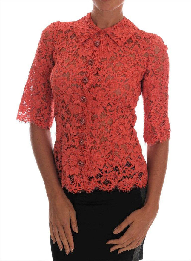 Dolce & Gabbana Elegant Orange Floral Lace Crystal Cardigan Blouse - Hilstor