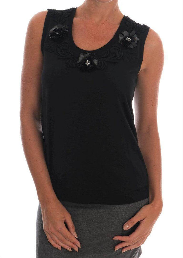 Dolce & Gabbana Black Cotton Floral Crystal Tank Top - Hilstor