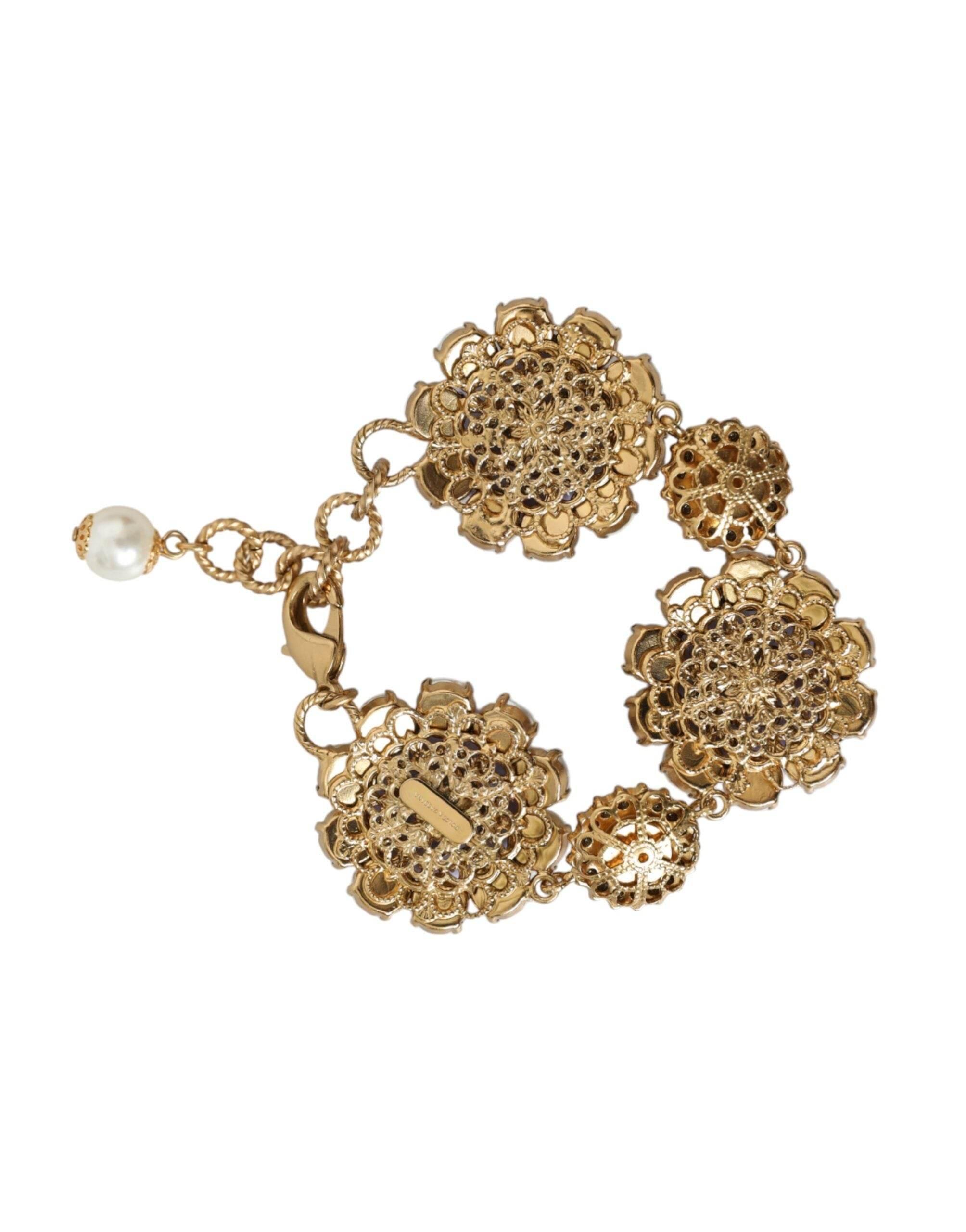 Dolce & Gabbana Gold FIORI BLOOMING Floral Baroque Crystals Bracelet - Hilstor