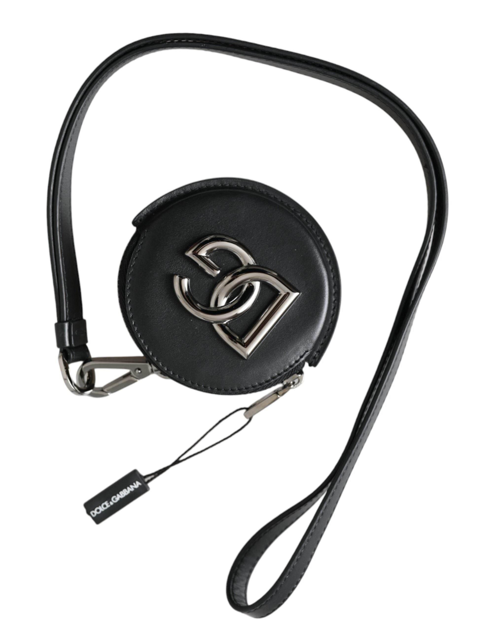 Dolce & Gabbana Black Round Leather DG Logo Coin Purse Lanyard Wallet - Hilstor