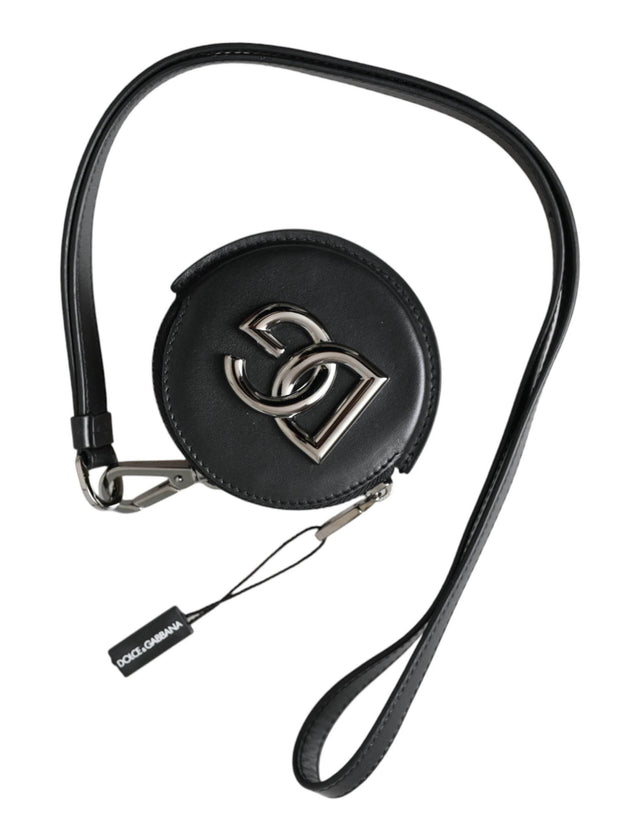 Dolce & Gabbana Black Round Leather DG Logo Coin Purse Lanyard Wallet - Hilstor