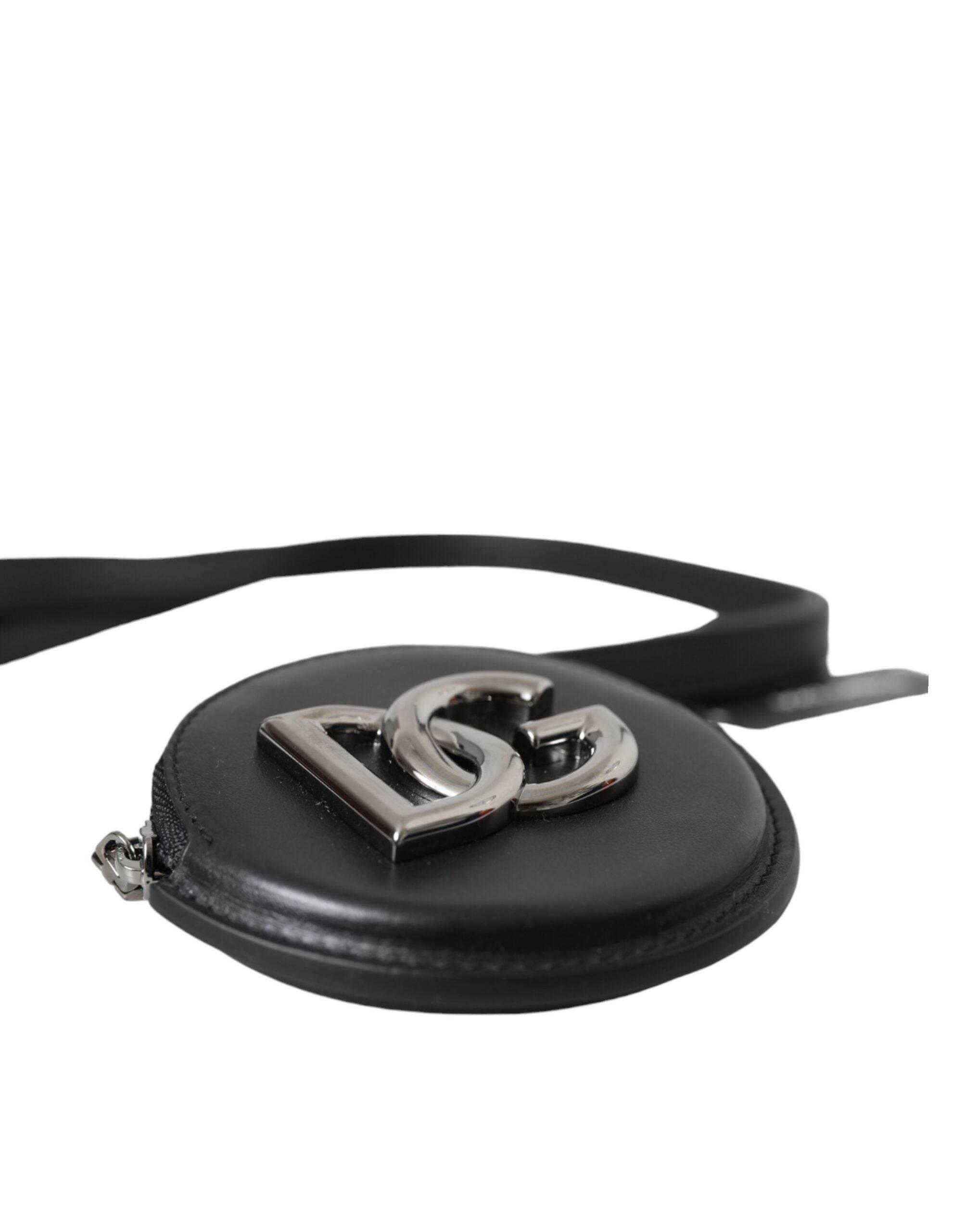 Dolce & Gabbana Black Round Leather DG Logo Coin Purse Lanyard Wallet - Hilstor