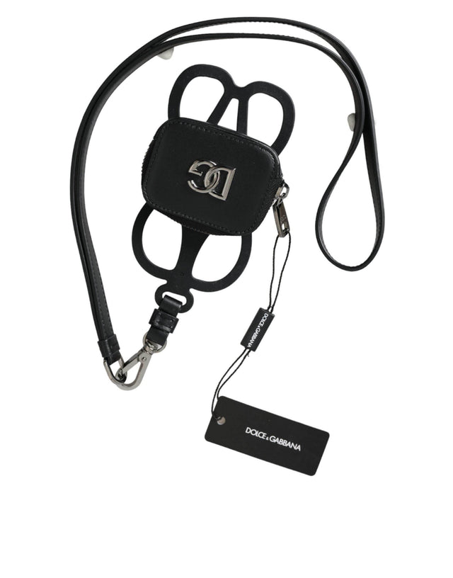 Dolce & Gabbana Black Calfskin Leather DG Logo Coin Purse Lanyard Wallet - Hilstor