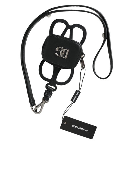 Dolce & Gabbana Black Calfskin Leather DG Logo Coin Purse Lanyard Wallet - Hilstor