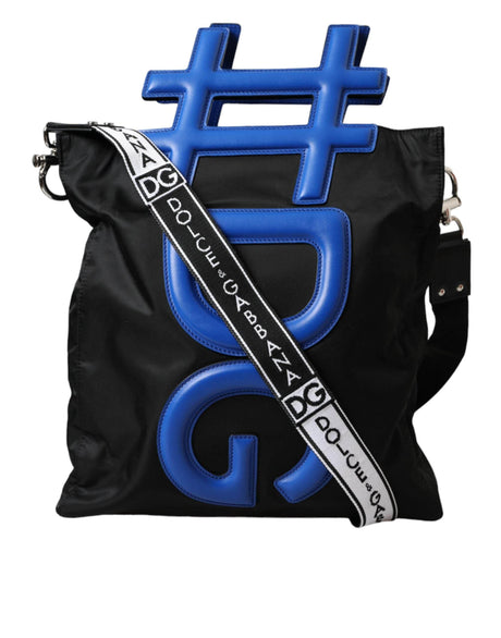 Dolce & Gabbana Black Nylon Blue Leather Hashtag Shopping Tote Bag - Hilstor