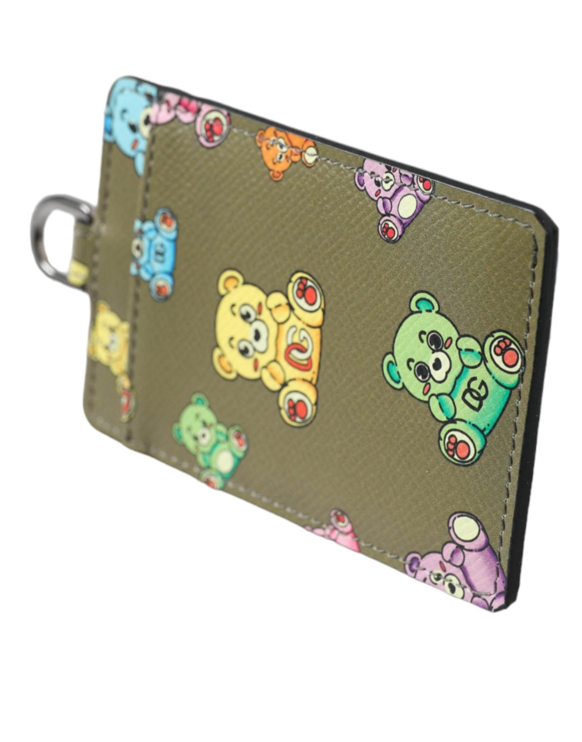 Dolce & Gabbana Army Green Teddy Bear Leather Women Card Holder Wallet - Hilstor