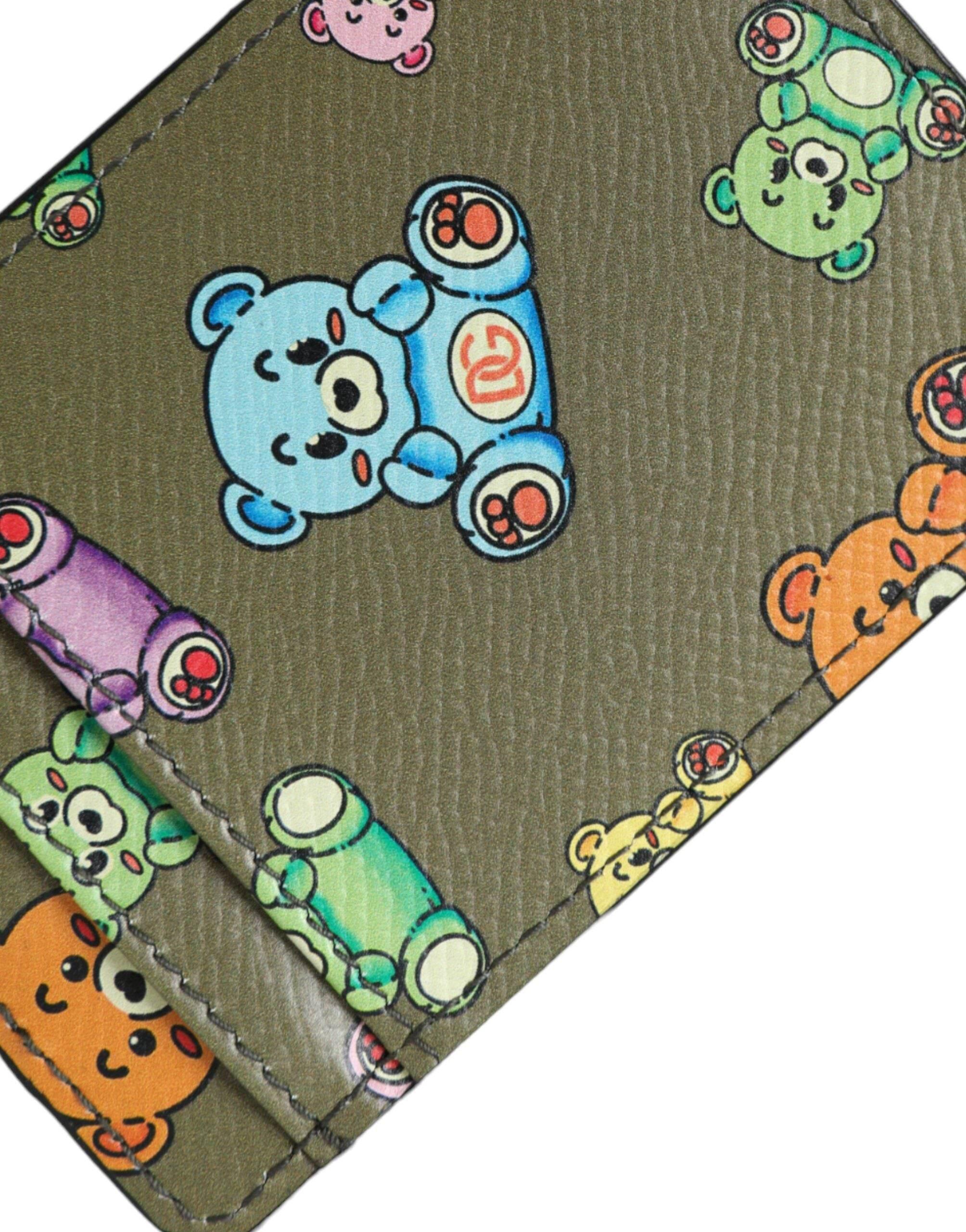 Dolce & Gabbana Army Green Teddy Bear Leather Women Card Holder Wallet - Hilstor