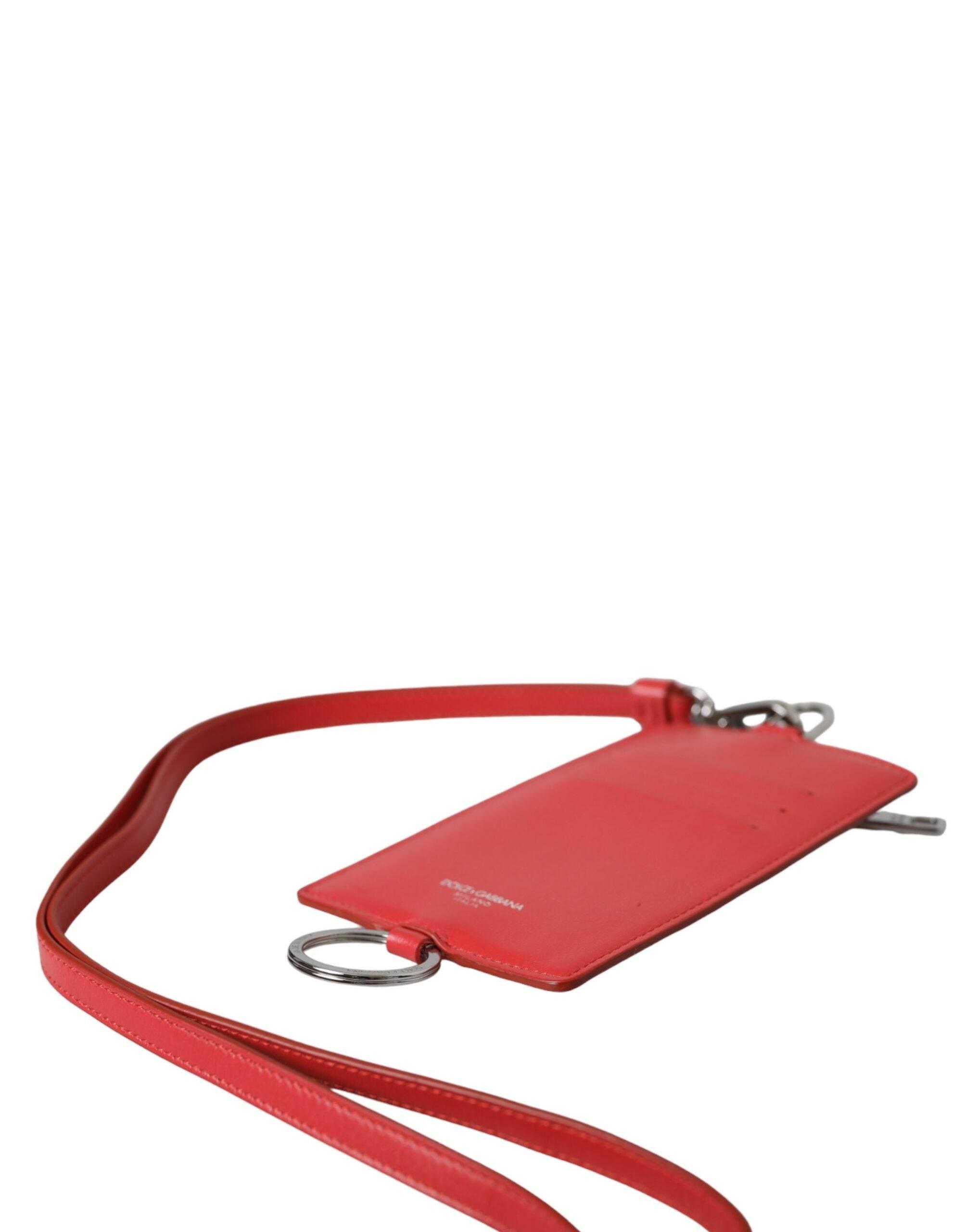 Dolce & Gabbana Red Calfskin Leather Lanyard Logo Card Holder Wallet - Hilstor