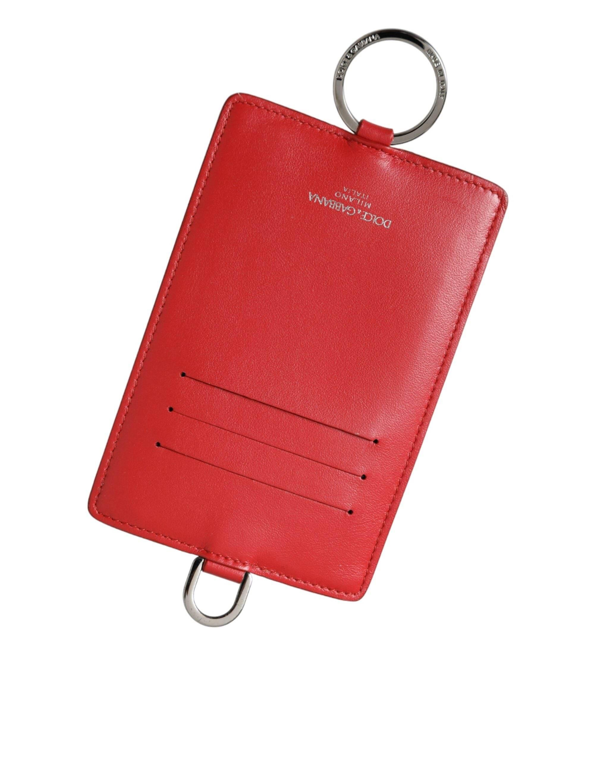 Dolce & Gabbana Red Calfskin Leather Lanyard Logo Card Holder Wallet - Hilstor