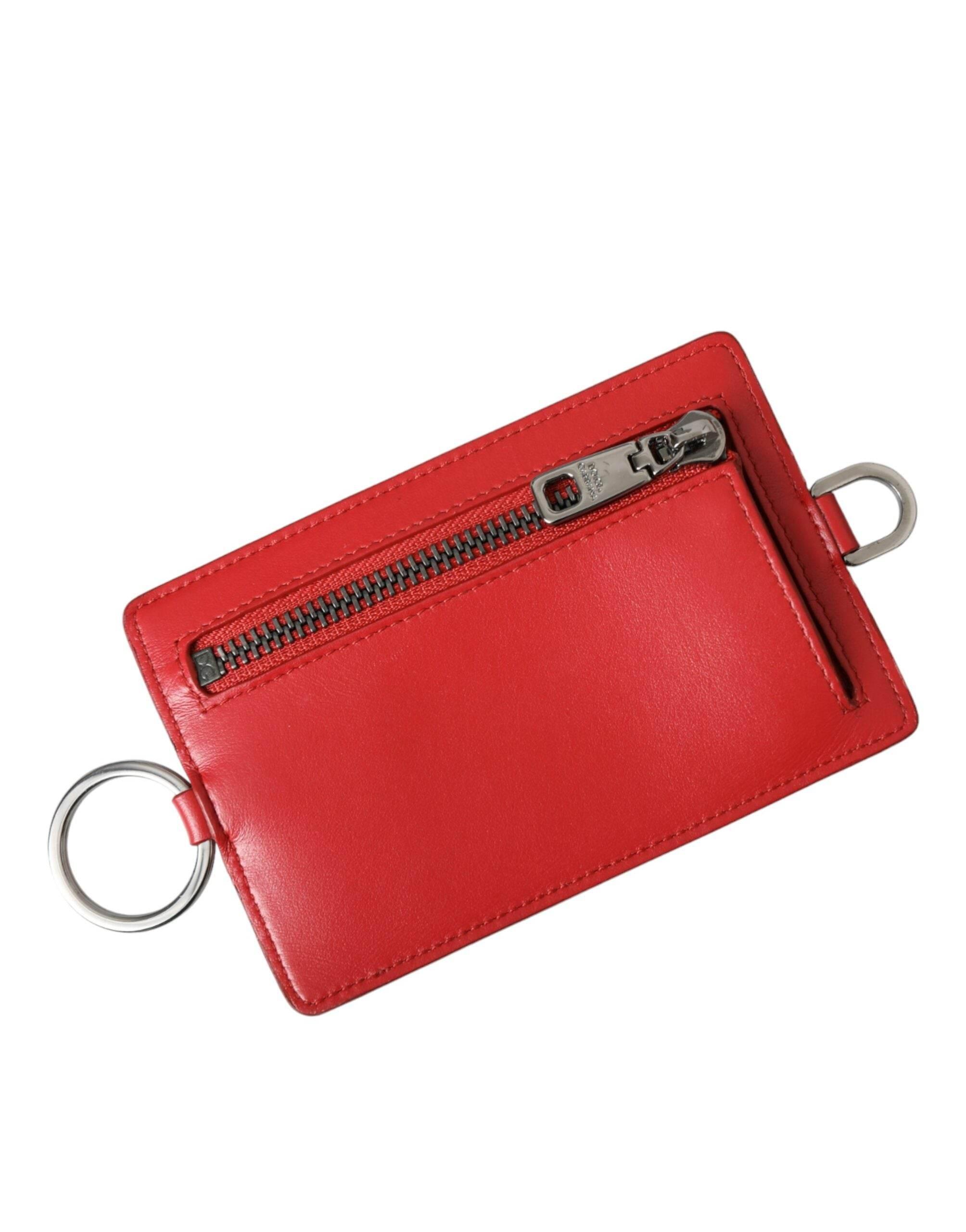 Dolce & Gabbana Red Calfskin Leather Lanyard Logo Card Holder Wallet - Hilstor