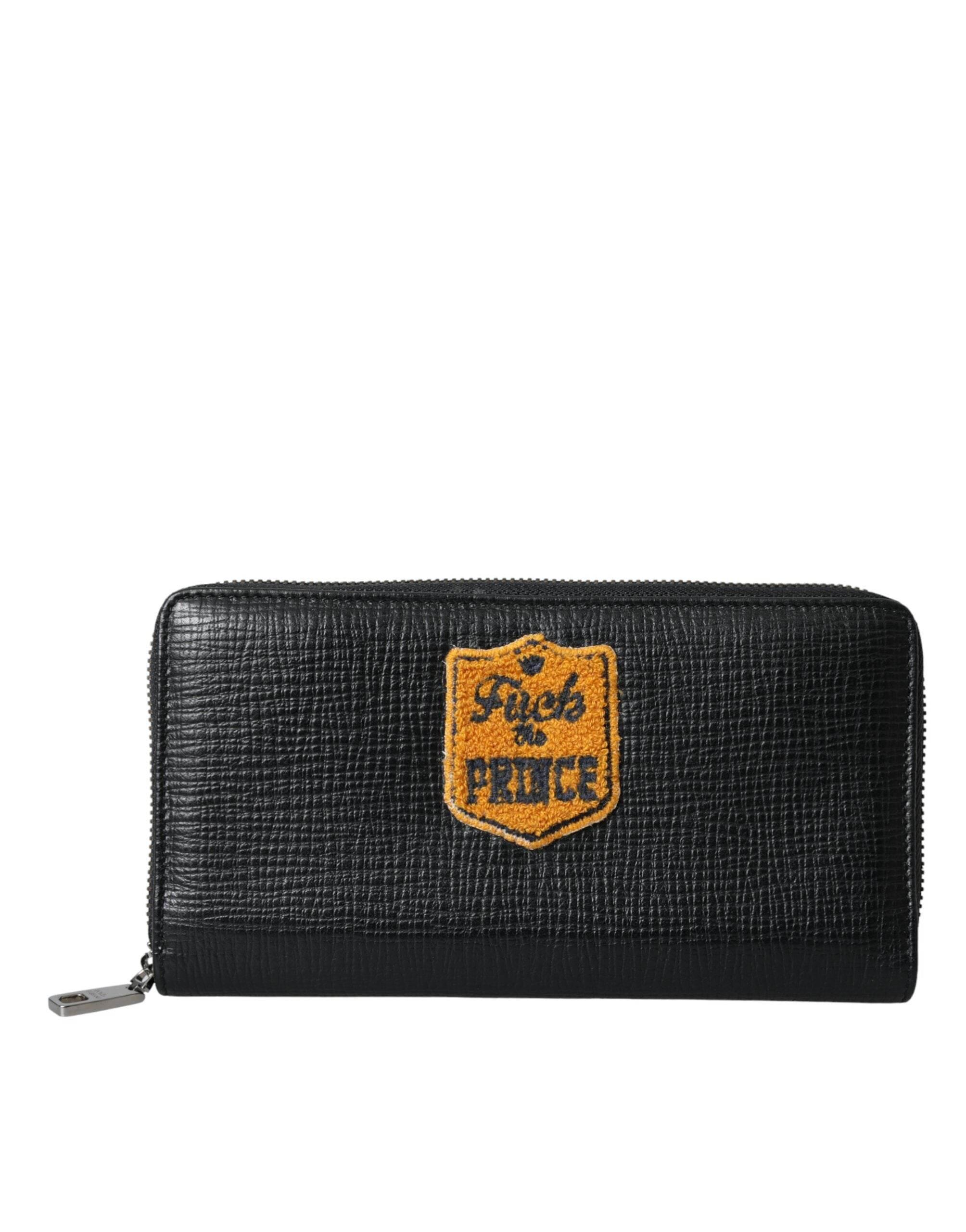Dolce & Gabbana Black Leather Logo Patch Zip Around Continental Wallet - Hilstor