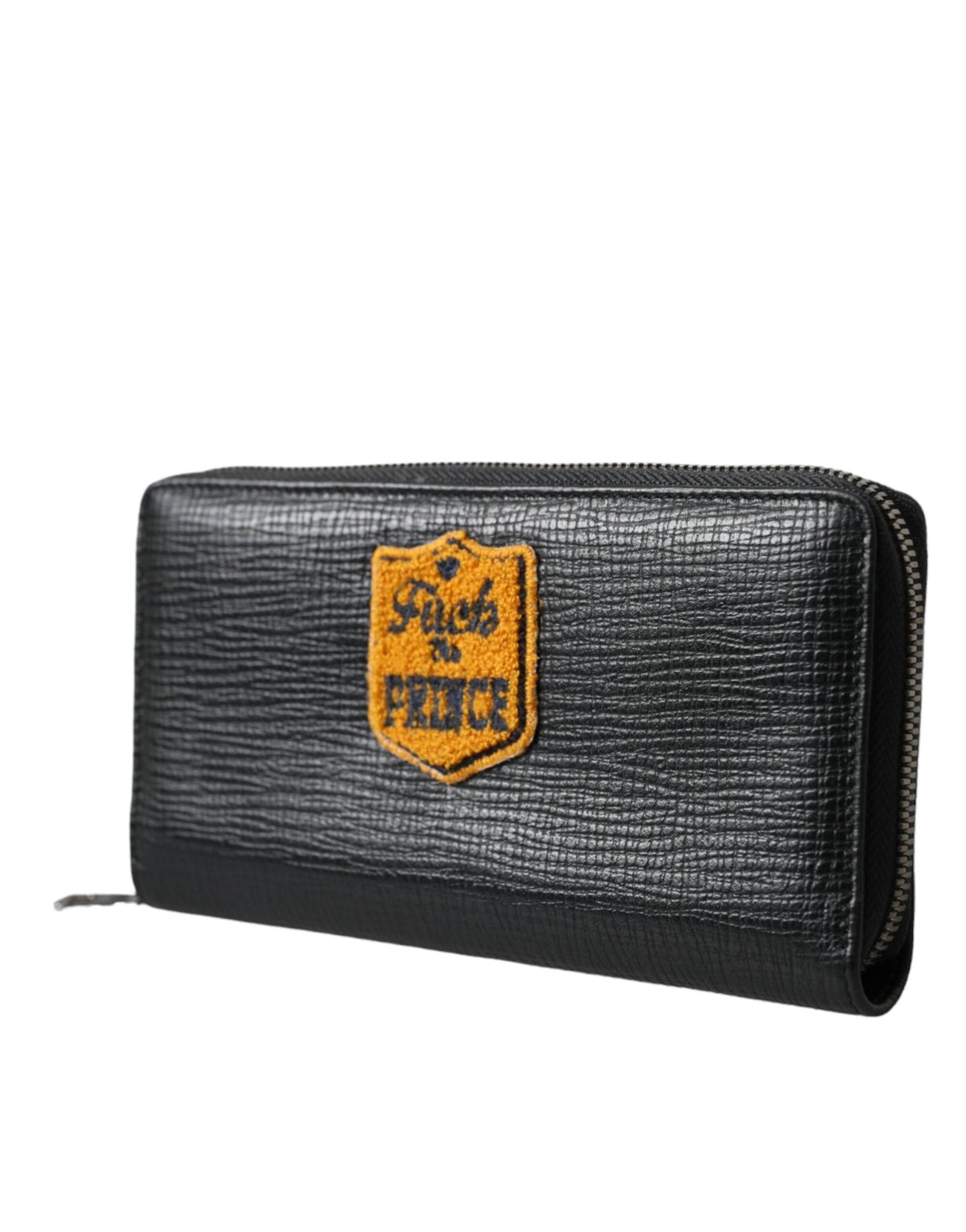 Dolce & Gabbana Black Leather Logo Patch Zip Around Continental Wallet - Hilstor