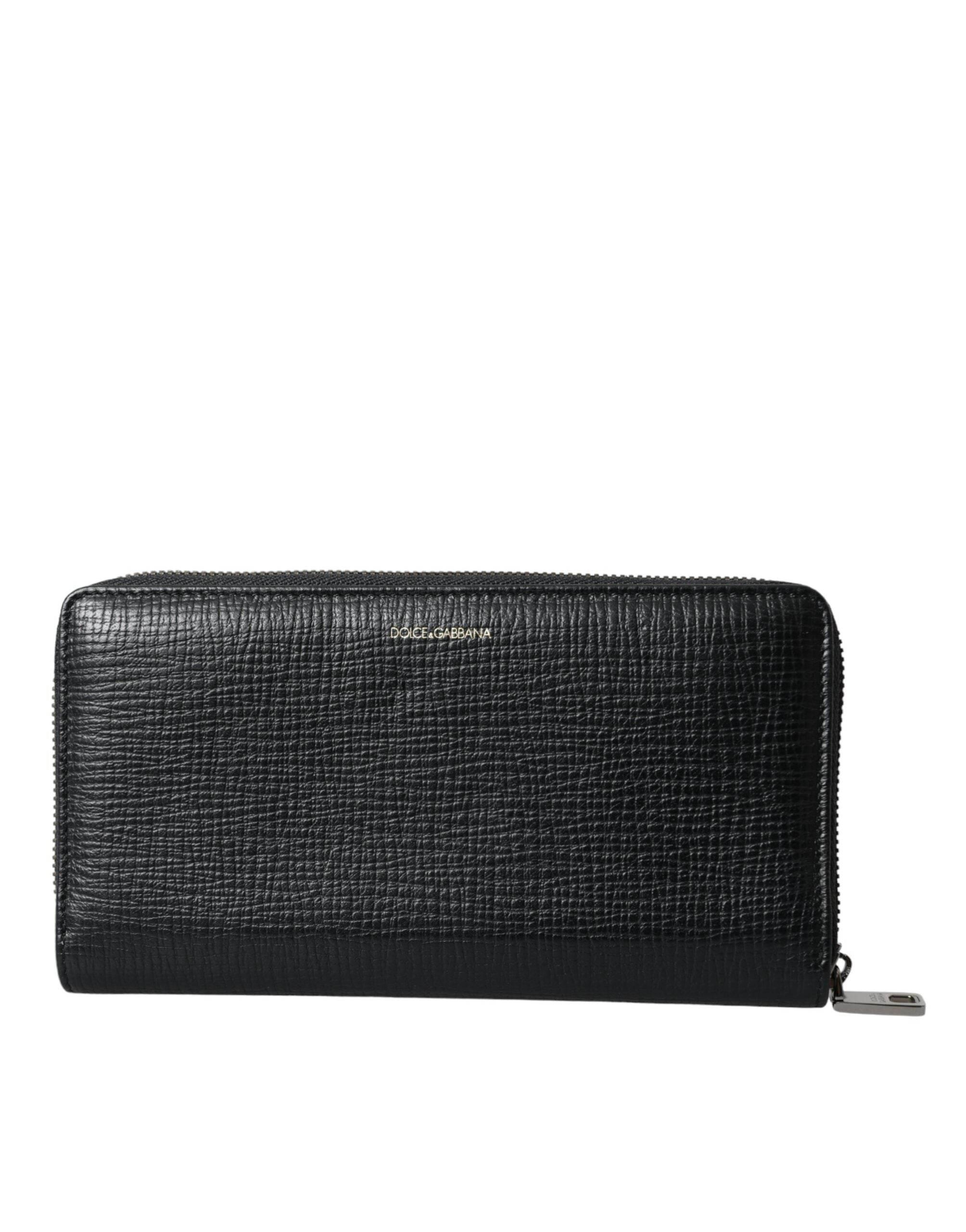 Dolce & Gabbana Black Leather Logo Patch Zip Around Continental Wallet - Hilstor