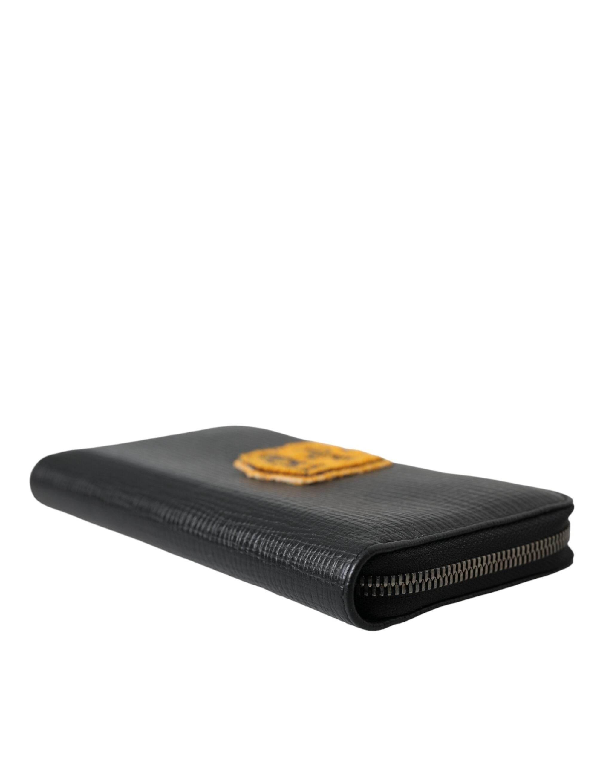 Dolce & Gabbana Black Leather Logo Patch Zip Around Continental Wallet - Hilstor