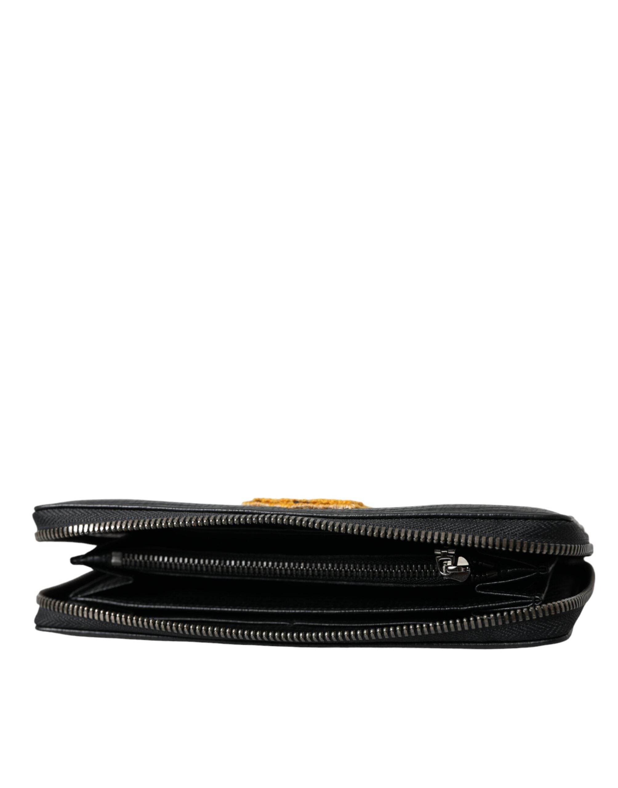 Dolce & Gabbana Black Leather Logo Patch Zip Around Continental Wallet - Hilstor