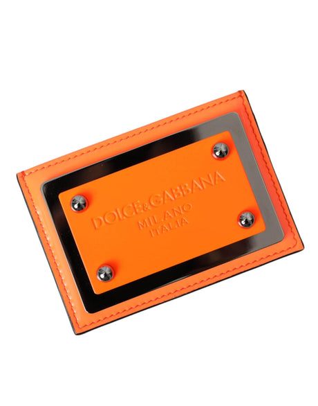 Dolce & Gabbana Orange Black Leather Logo Plaque Card Holder Wallet - Hilstor