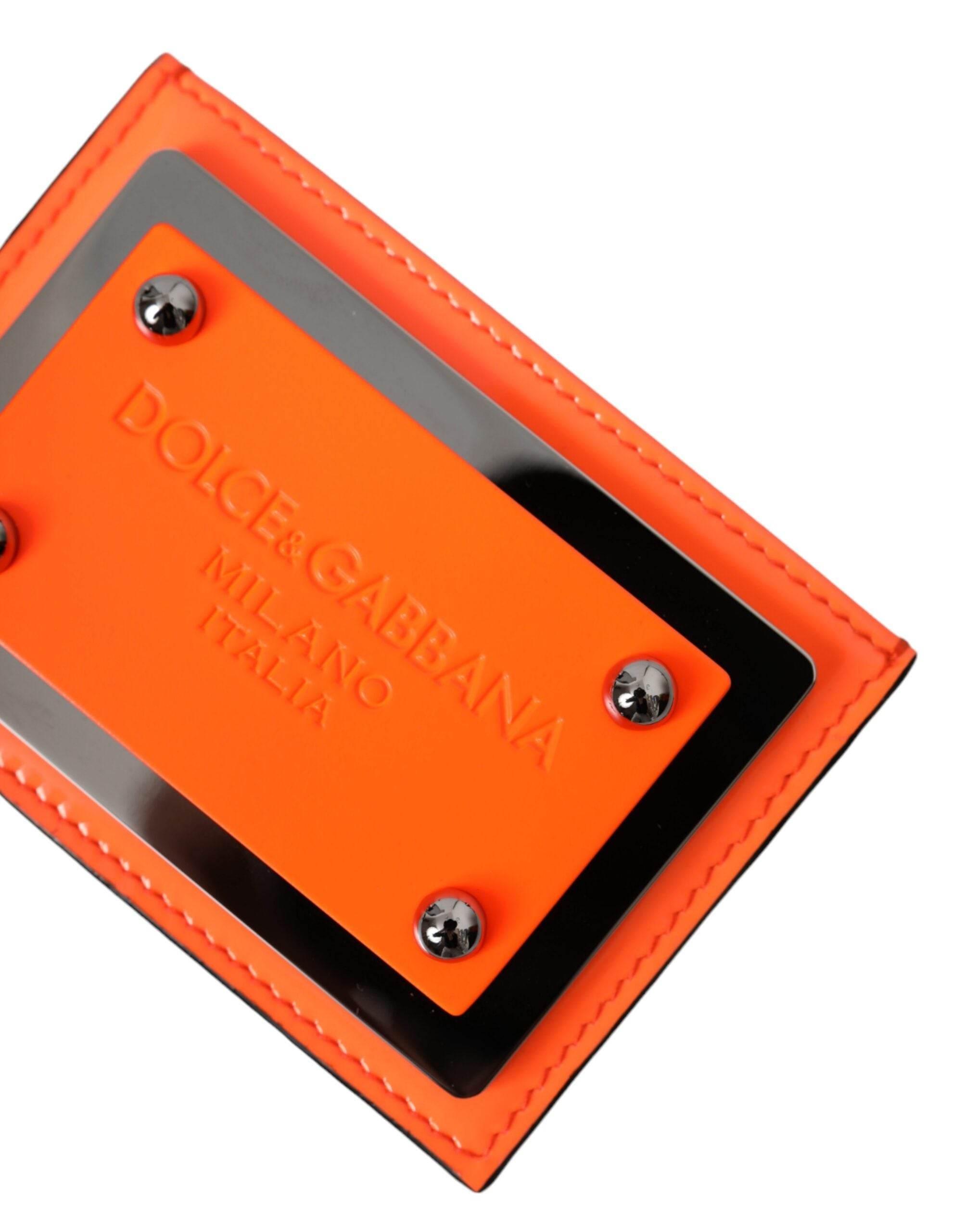 Dolce & Gabbana Orange Black Leather Logo Plaque Card Holder Wallet - Hilstor