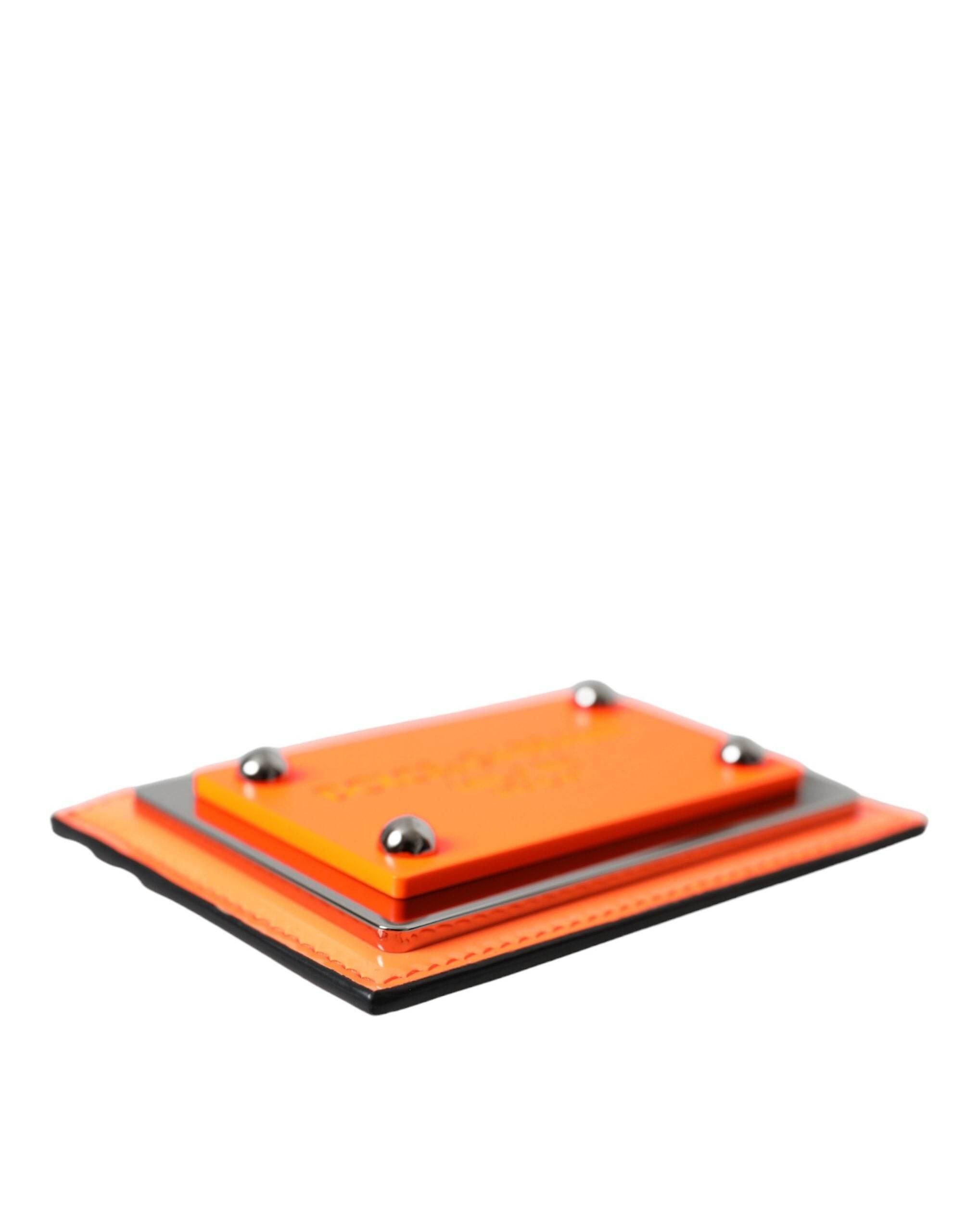 Dolce & Gabbana Orange Black Leather Logo Plaque Card Holder Wallet - Hilstor