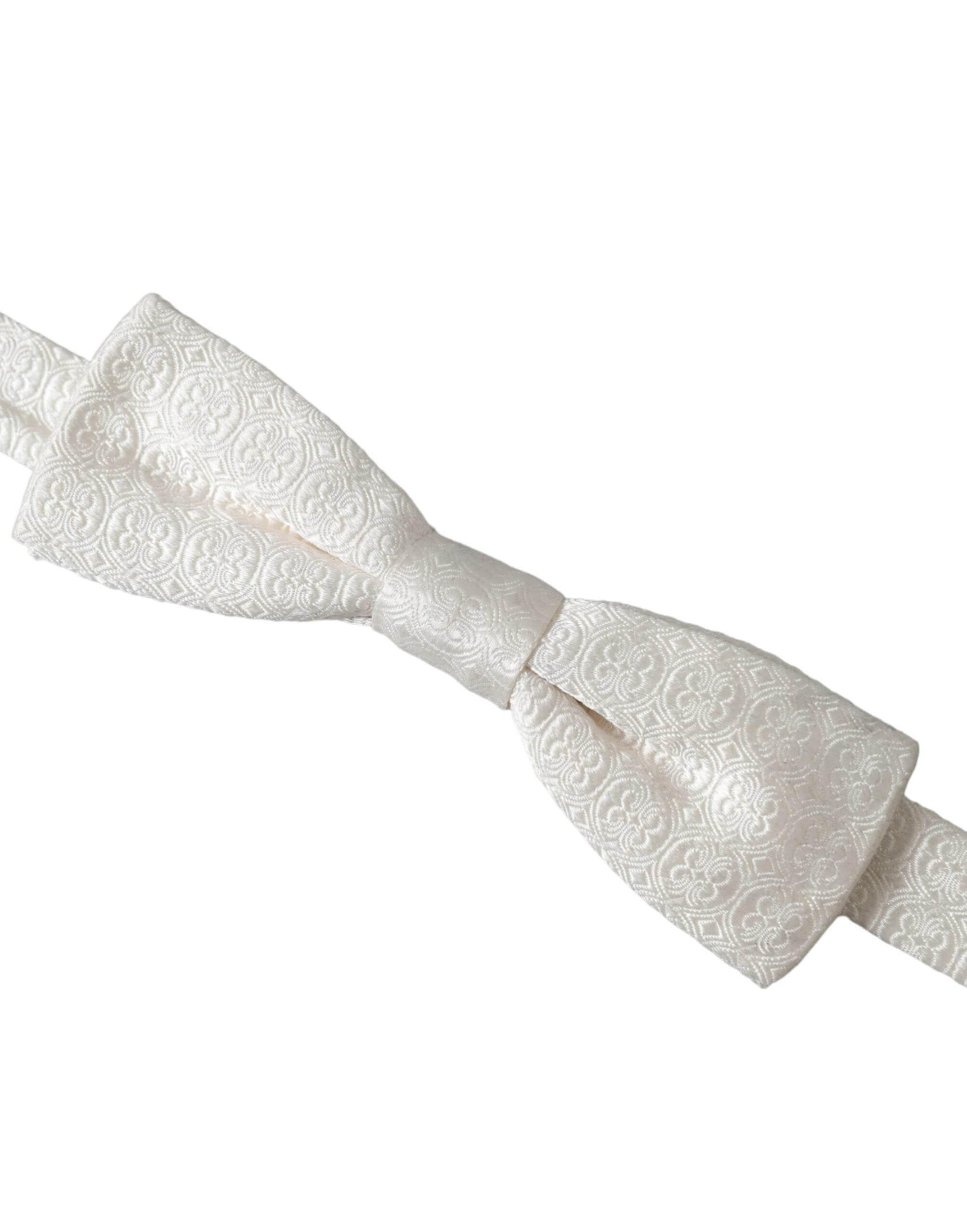 Dolce & Gabbana White Silk Patterned Adjustable Neck Men Papillon Bow Tie - Hilstor