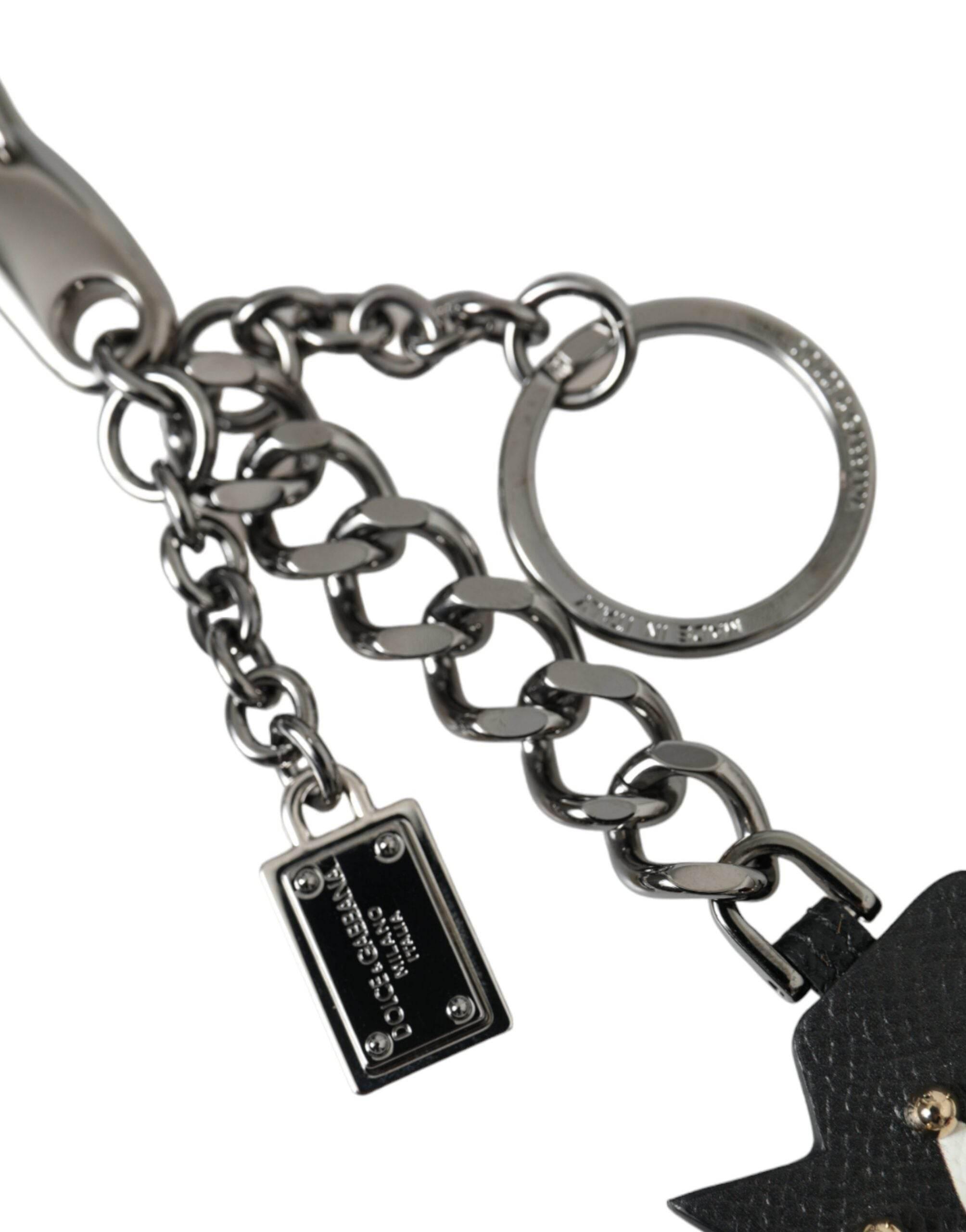 Dolce & Gabbana Black Prince Studs Logo Silver Brass Keychain Keyring - Hilstor