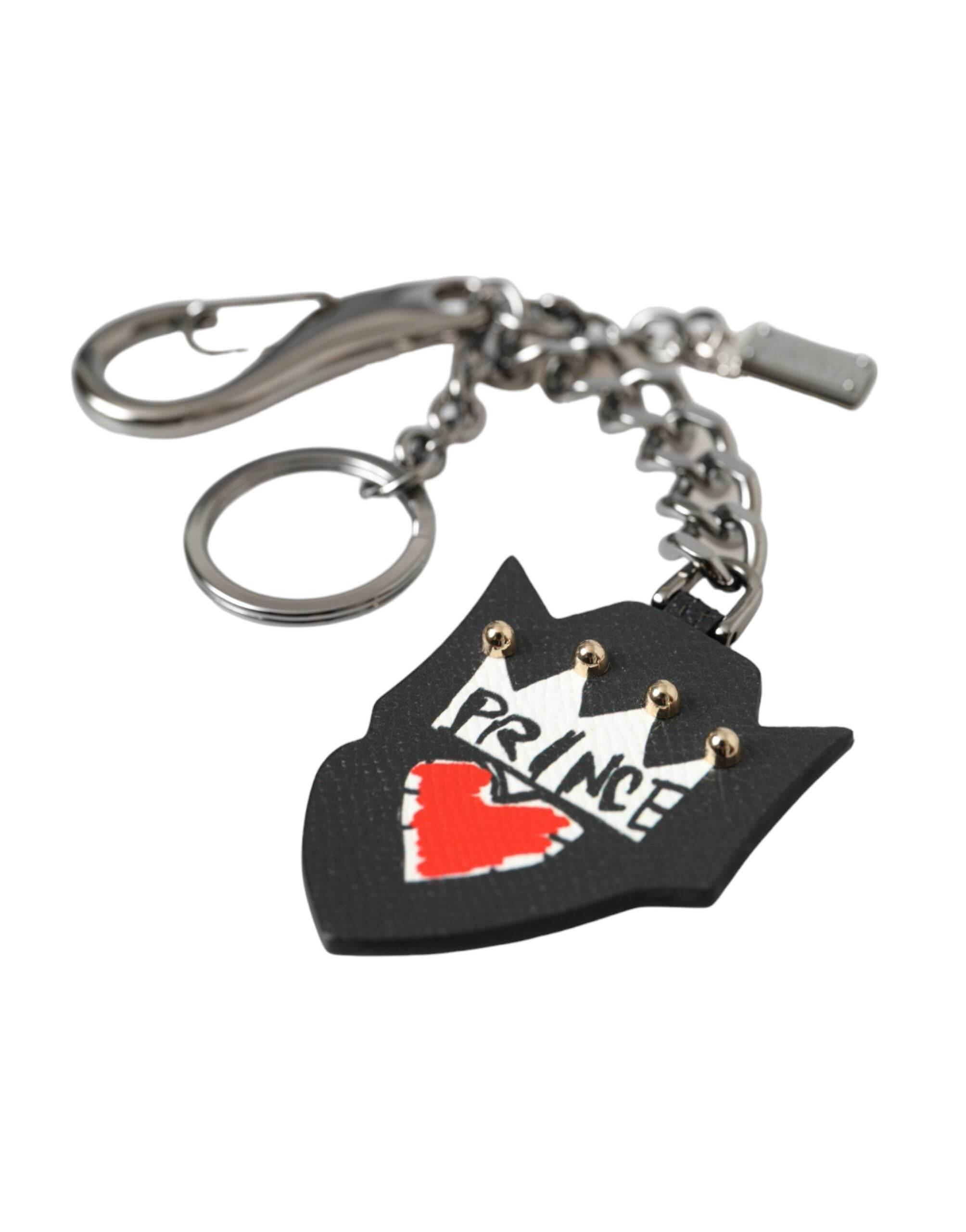 Dolce & Gabbana Black Prince Studs Logo Silver Brass Keychain Keyring - Hilstor