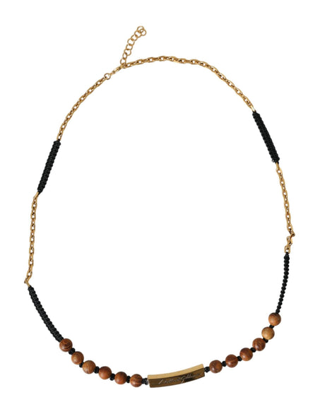 Dolce & Gabbana Black Gold Wooden Beaded Logo Pendant - Hilstor