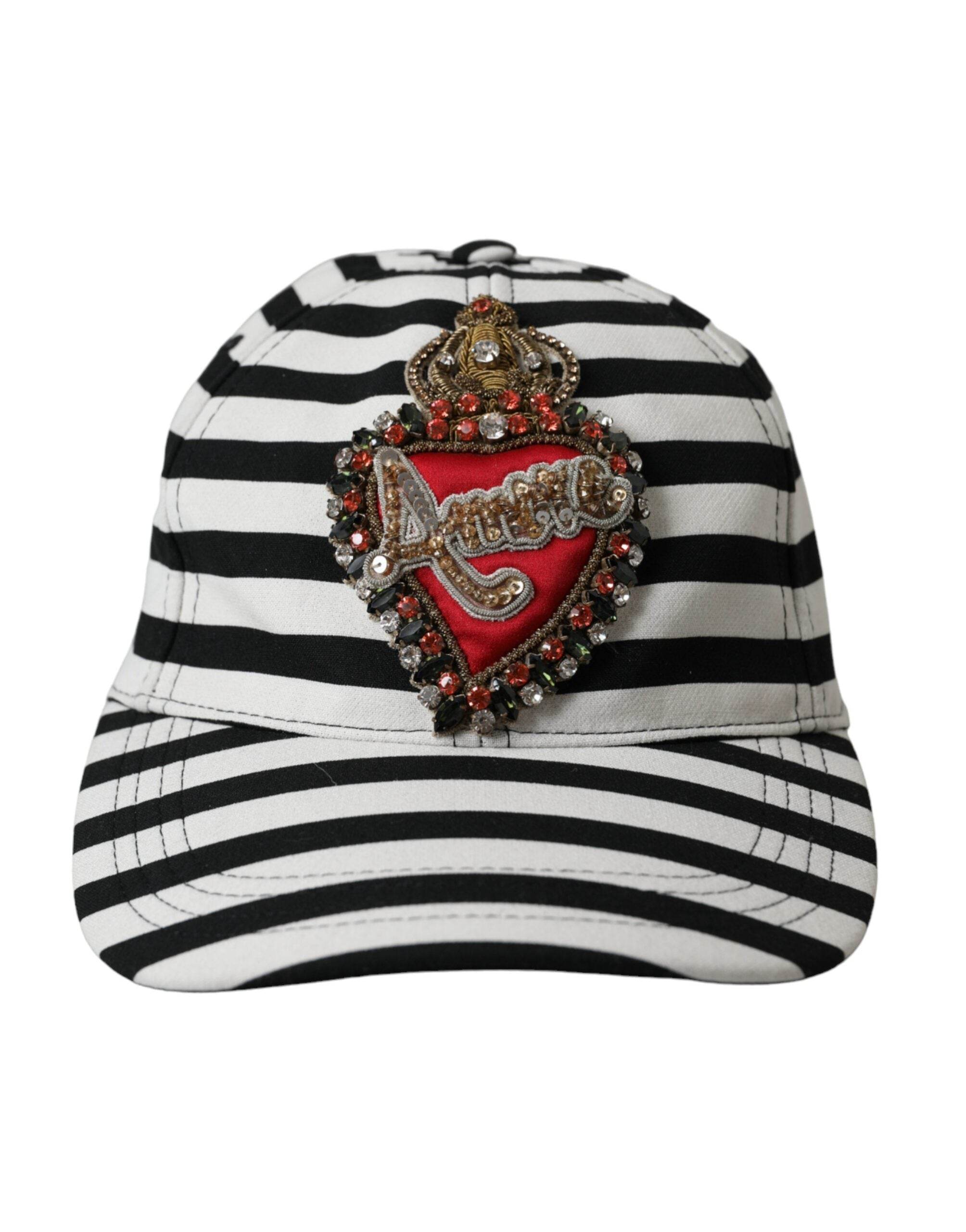 Dolce & Gabbana Black White Stripe Amore Heart Applique Baseball Hat - Hilstor