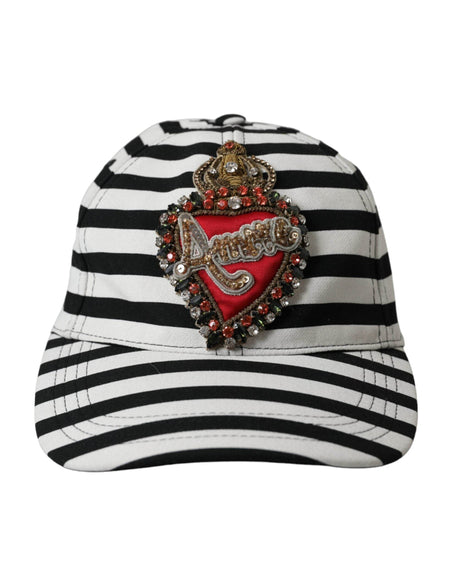 Dolce & Gabbana Black White Stripe Amore Heart Applique Baseball Hat - Hilstor