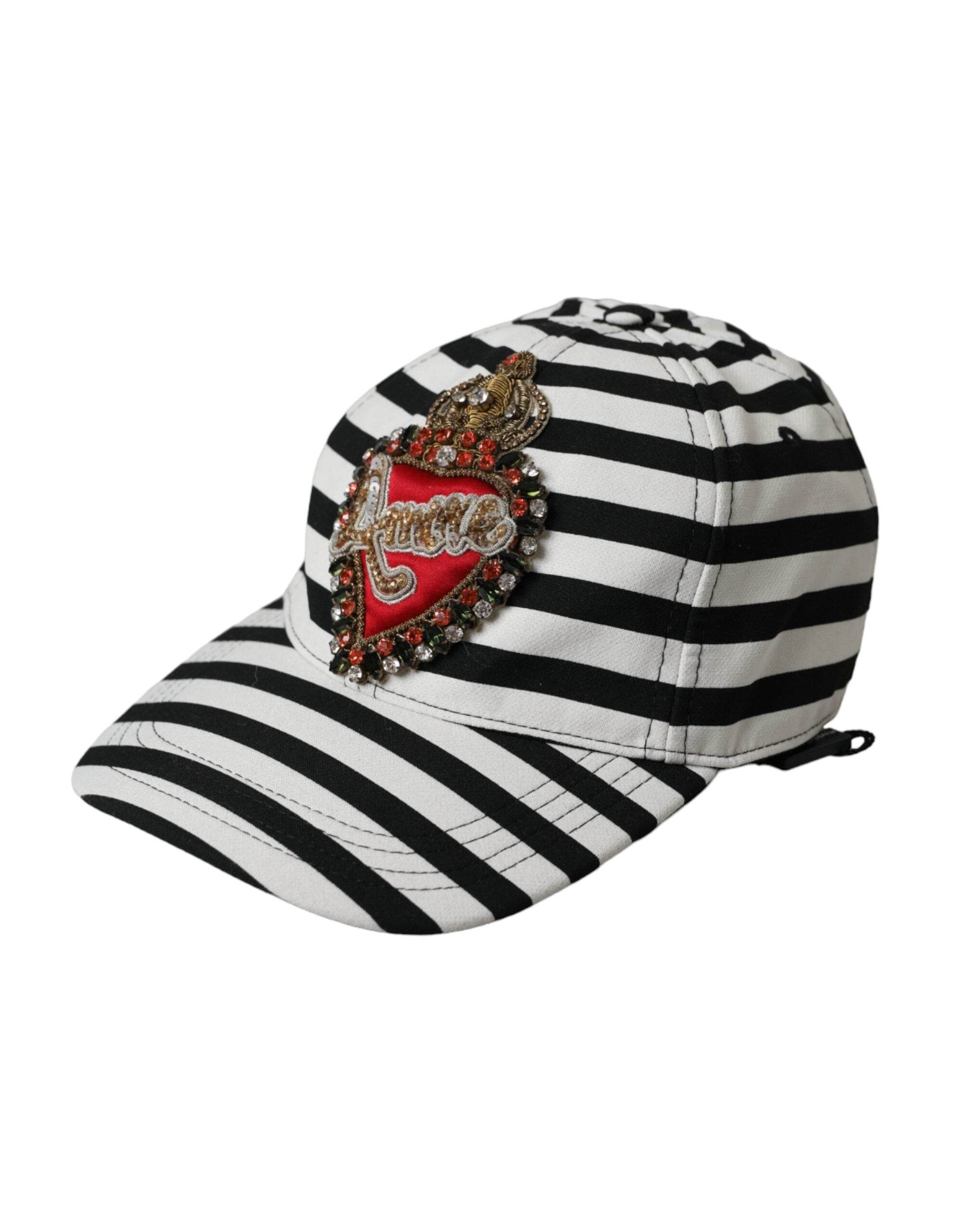 Dolce & Gabbana Black White Stripe Amore Heart Applique Baseball Hat - Hilstor
