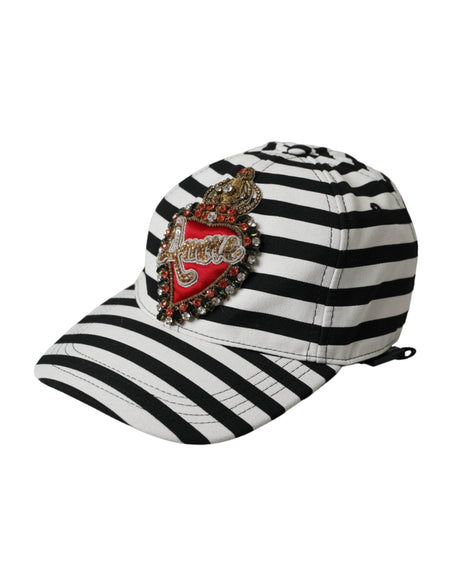 Dolce & Gabbana Black White Stripe Amore Heart Applique Baseball Hat - Hilstor