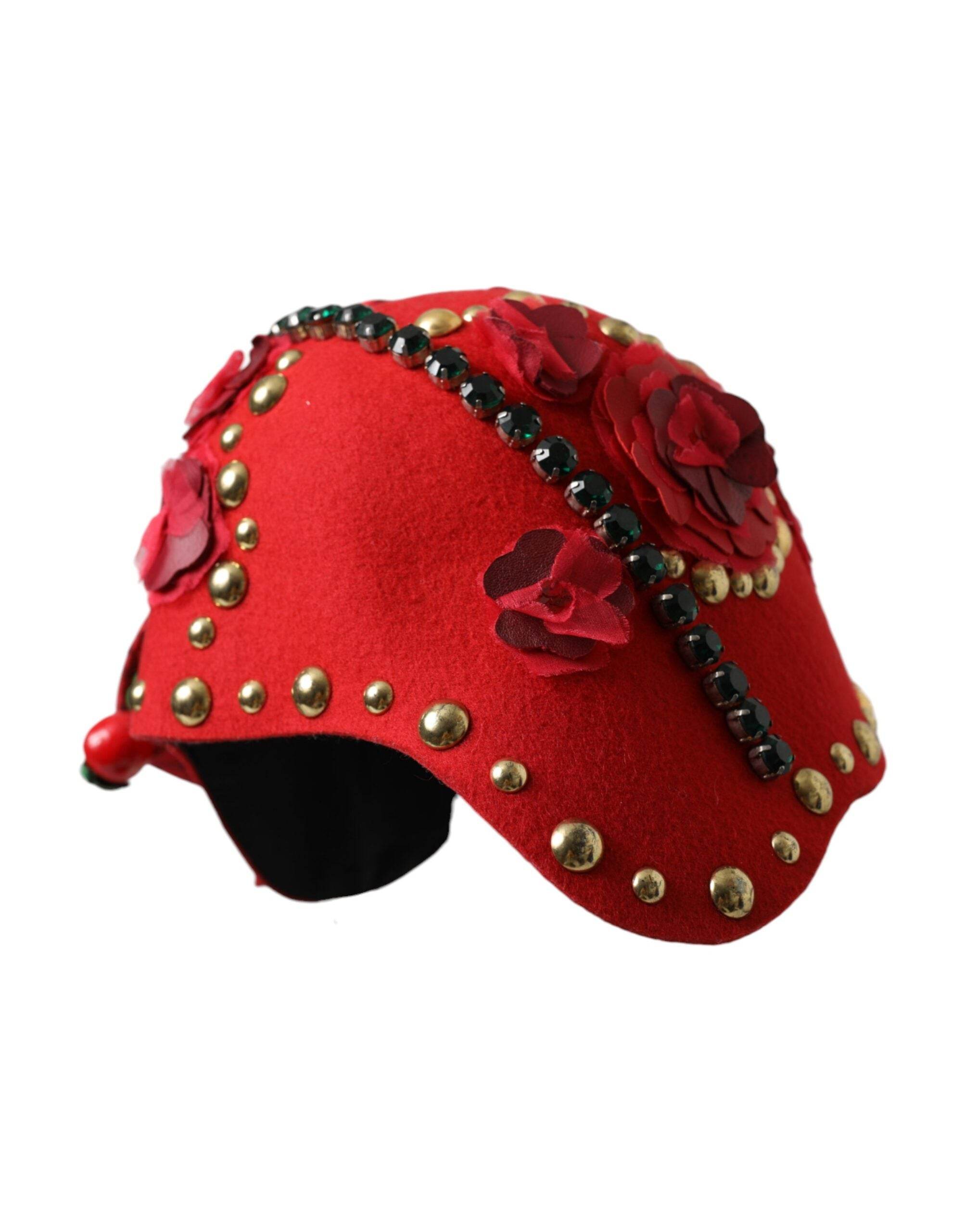 Dolce & Gabbana Red Crystal Gold Roses Brooch Embellished Hat - Hilstor