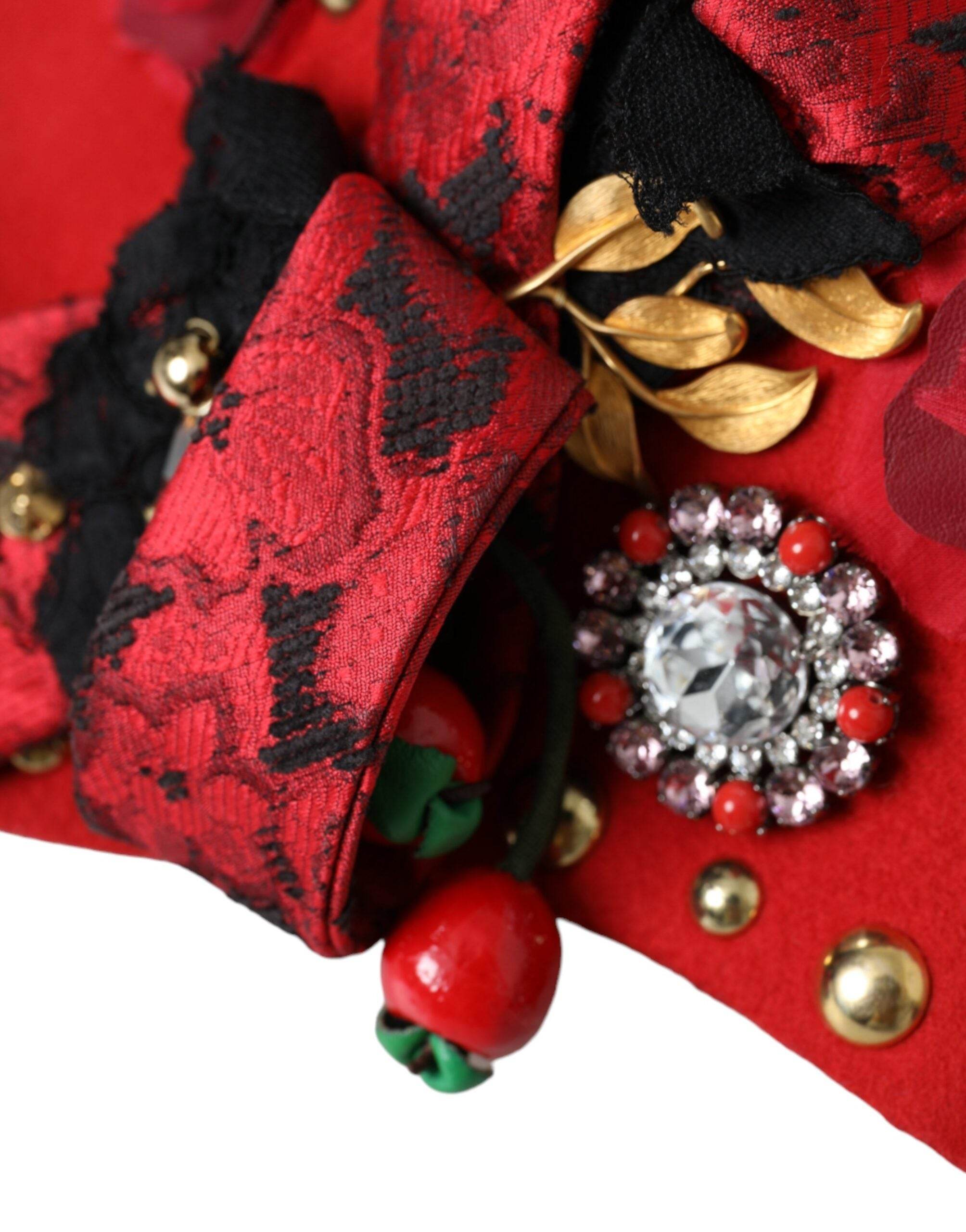 Dolce & Gabbana Red Crystal Gold Roses Brooch Embellished Hat - Hilstor