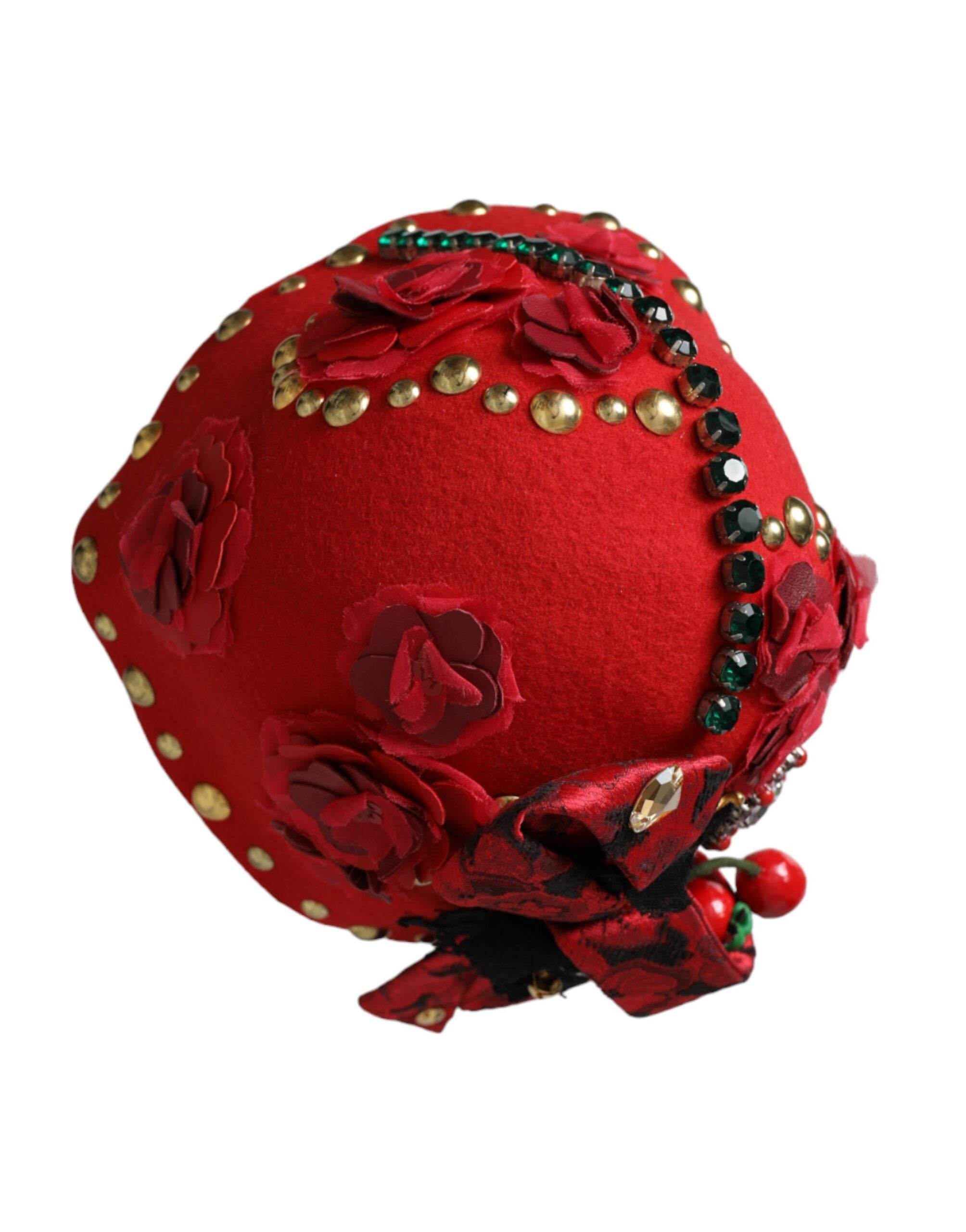 Dolce & Gabbana Red Crystal Gold Roses Brooch Embellished Hat - Hilstor