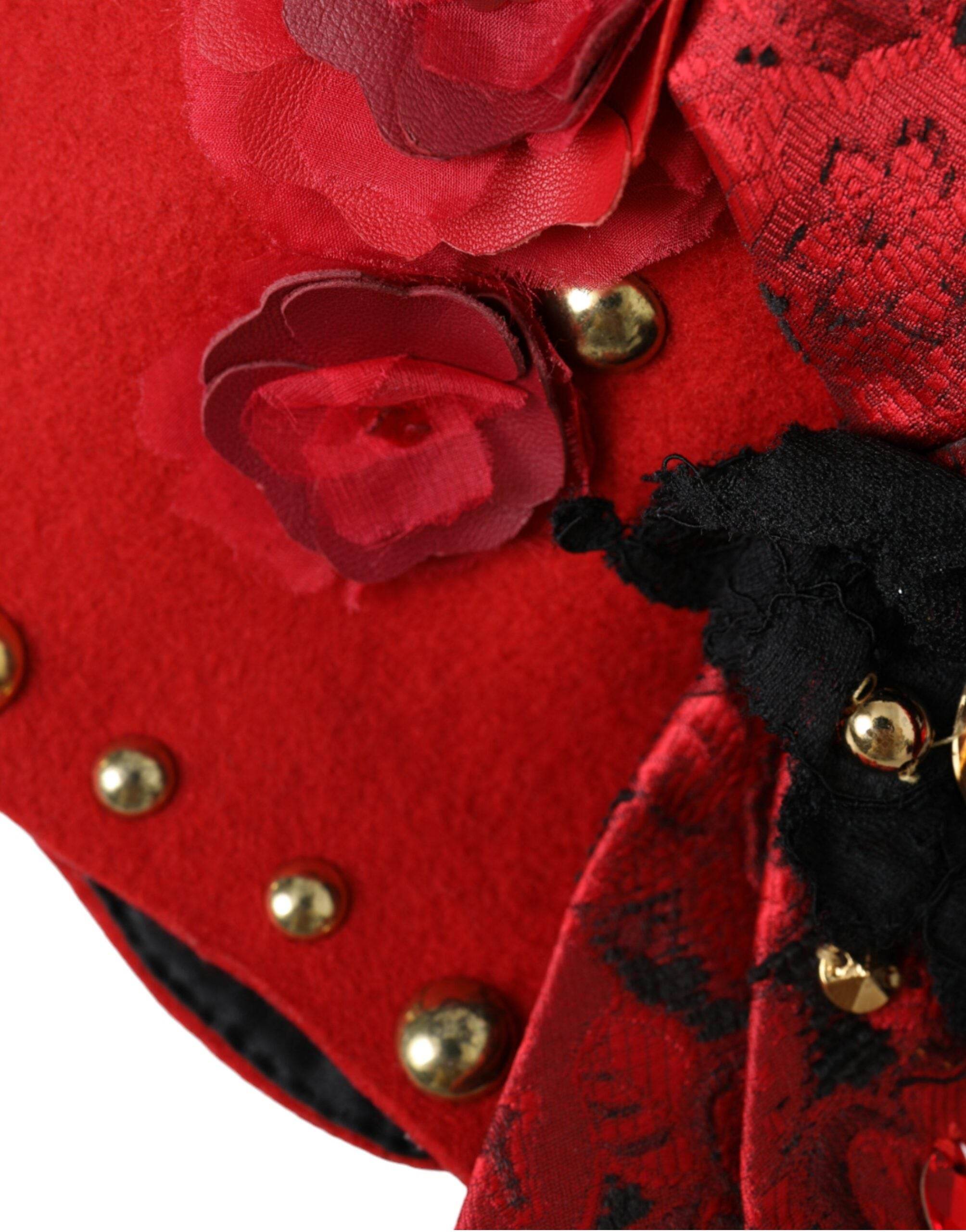 Dolce & Gabbana Red Crystal Gold Roses Brooch Embellished Hat - Hilstor