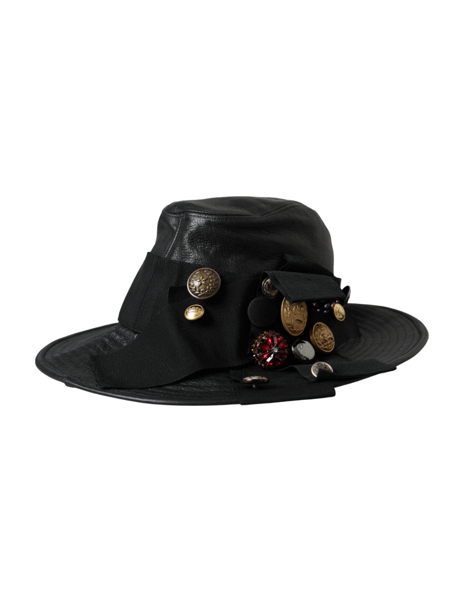 Dolce & Gabbana Black Leather DG Coin Crystal Wide Brim Hat - Hilstor