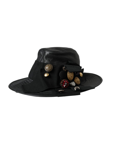 Dolce & Gabbana Black Leather DG Coin Crystal Wide Brim Hat - Hilstor