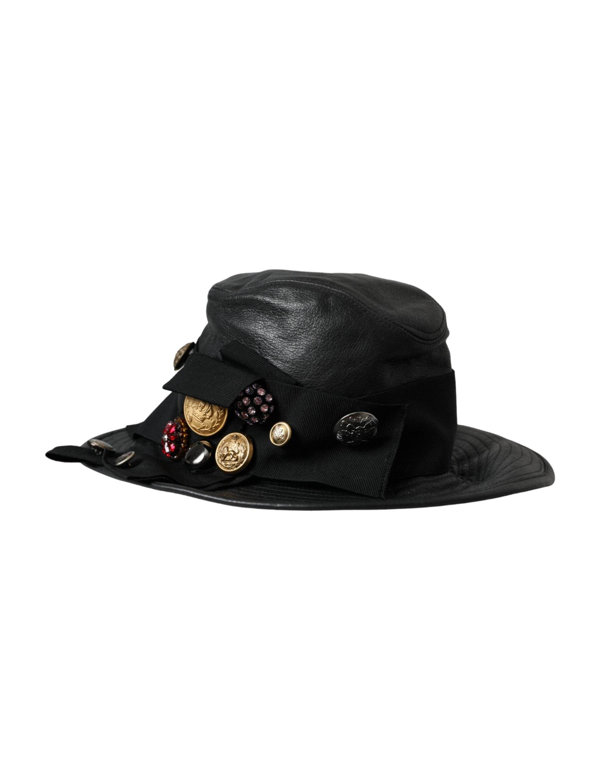 Dolce & Gabbana Black Leather DG Coin Crystal Wide Brim Hat - Hilstor