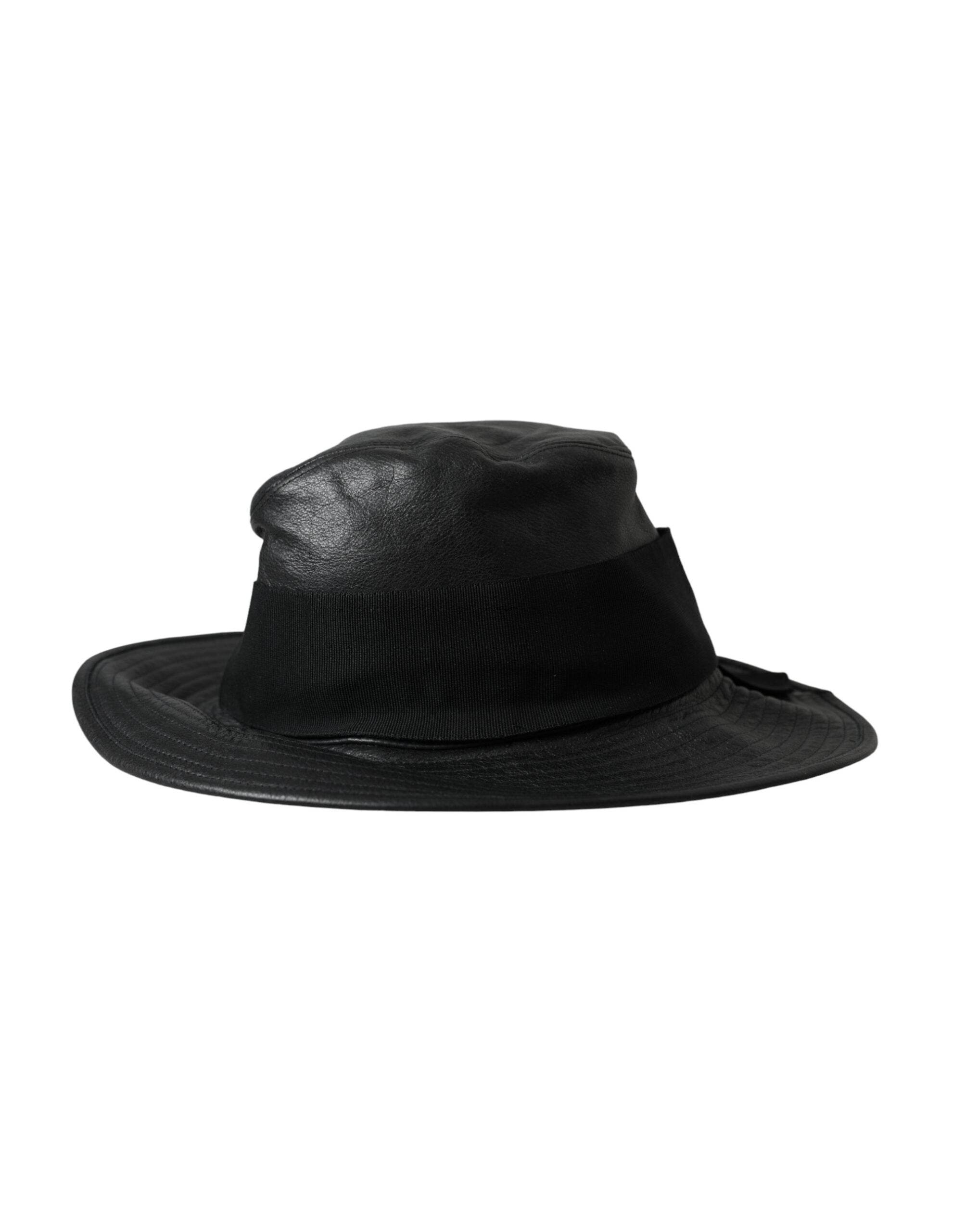 Dolce & Gabbana Black Leather DG Coin Crystal Wide Brim Hat - Hilstor