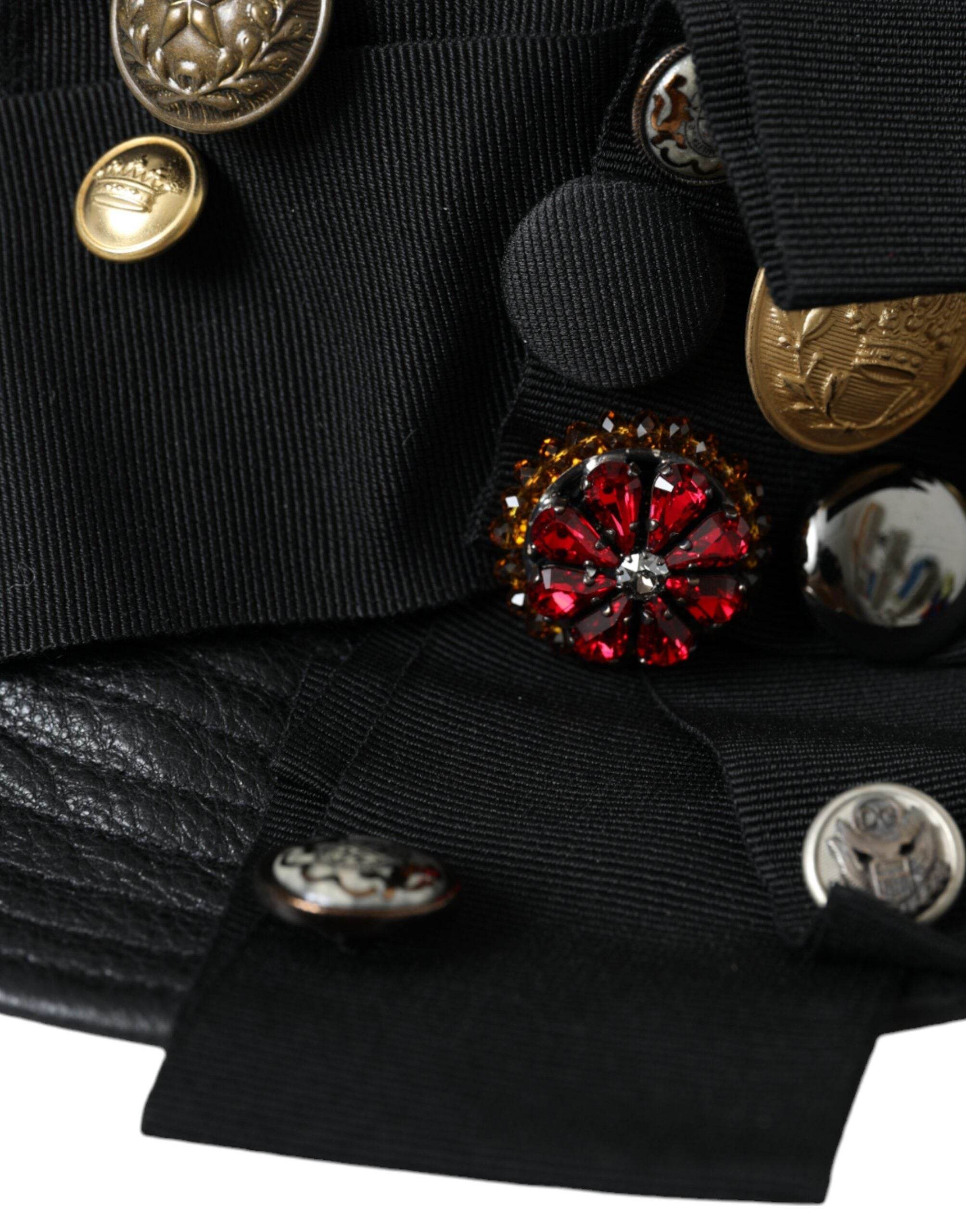 Dolce & Gabbana Black Leather DG Coin Crystal Wide Brim Hat - Hilstor